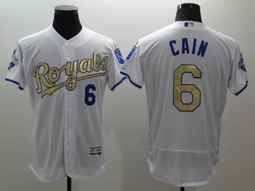 Royals #6 Lorenzo Cain White 2015 World Series Champions Gold Program FlexBase Authentic Stitched MLB Jersey - Click Image to Close